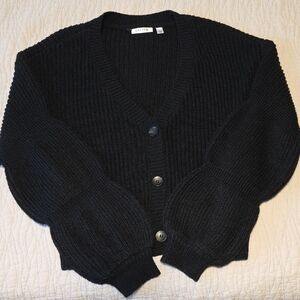 Button Front Black Knit Cardigan W/Puffy Sleeves Size L